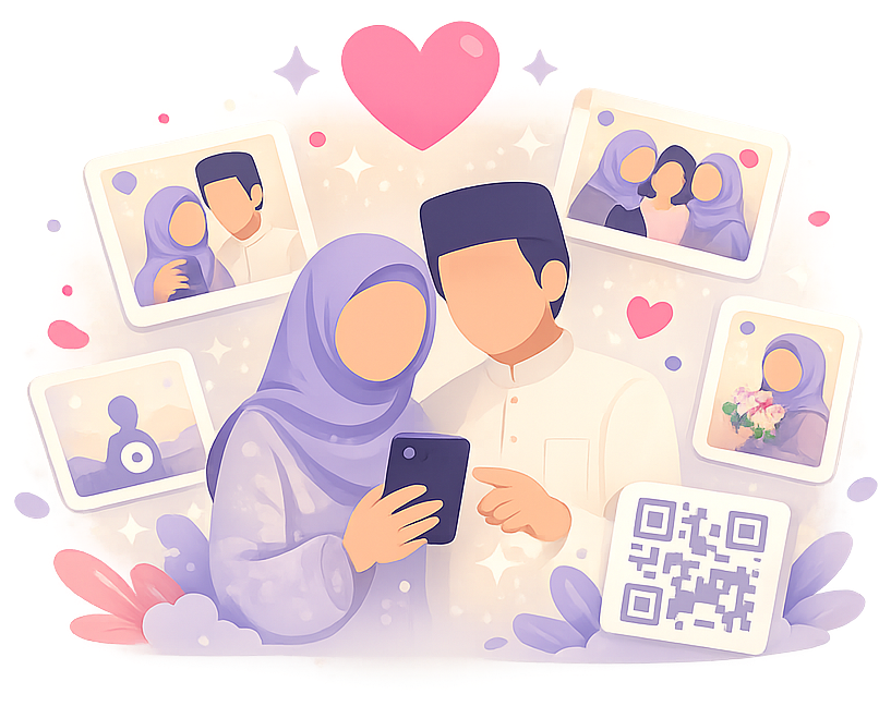 Illustration of a couple surrounded by shared photos, hearts and messages