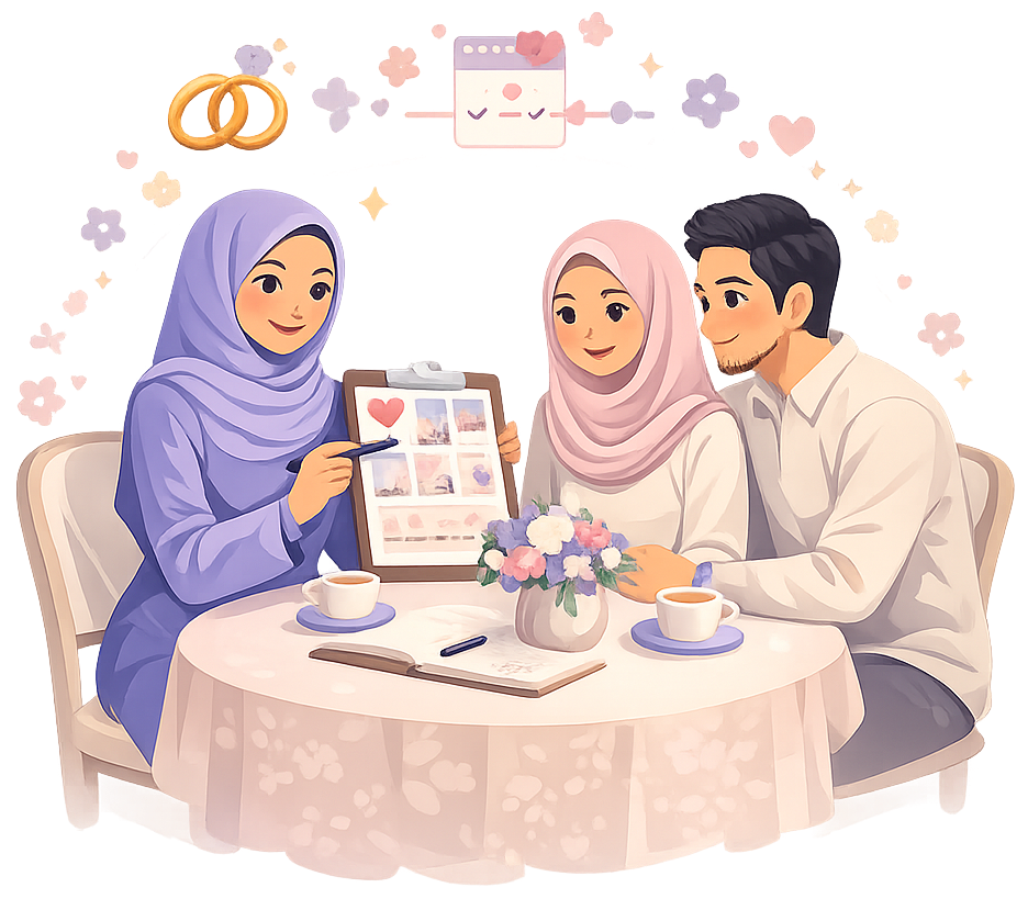 Illustration of a wedding planner reviewing plans with a happy couple