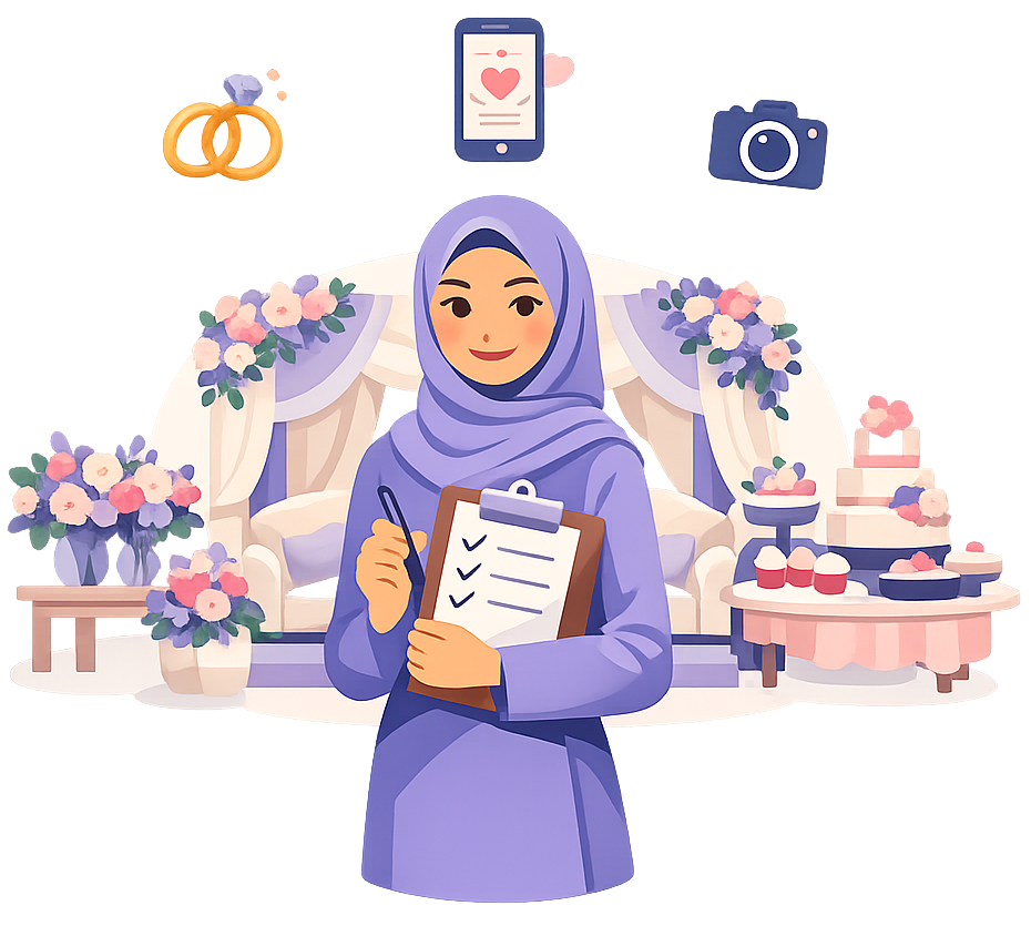 Illustration of a wedding planner orchestrating an elegant wedding scene